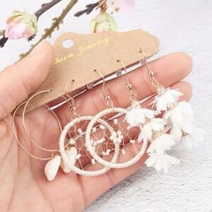 White & Gold Bohemian Earring Set Cowrie Dreamcatcher Floral